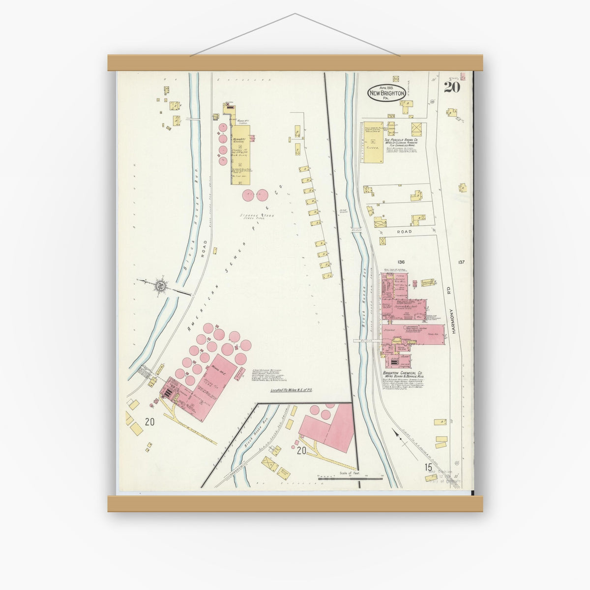 Old map wall art mockup — magnetic wood frame on white wall — Sanborn Fire Insurance Map from New Brighton, Beaver County, Pennsylvania (1913), Sheet #0020