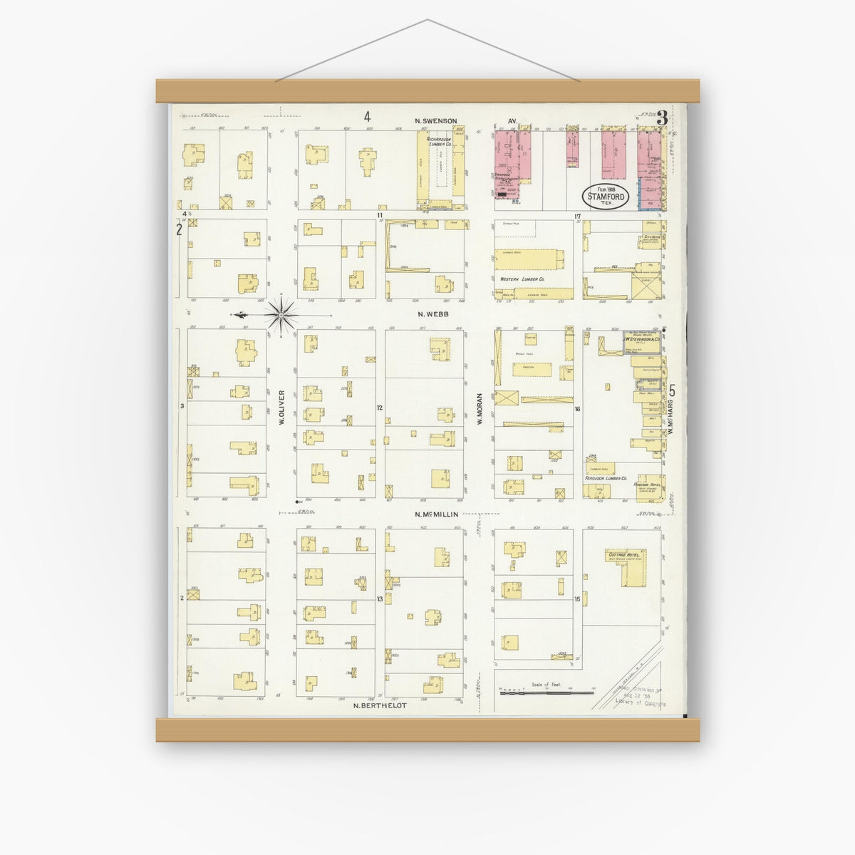 Old map wall art mockup — magnetic wood frame on white wall — Sanborn Fire Insurance Map from Stamford, Jones County, Texas (1908), Sheet #0003