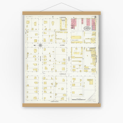 Old map wall art mockup — magnetic wood frame on white wall — Sanborn Fire Insurance Map from Stamford, Jones County, Texas (1908), Sheet #0003