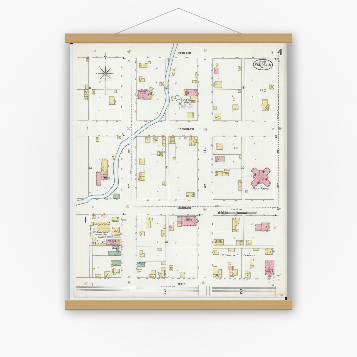 Old map wall art mockup — magnetic wood frame on white wall — Sanborn Fire Insurance Map from Vandalia, Fayette County, Illinois (1898), Sheet #0004