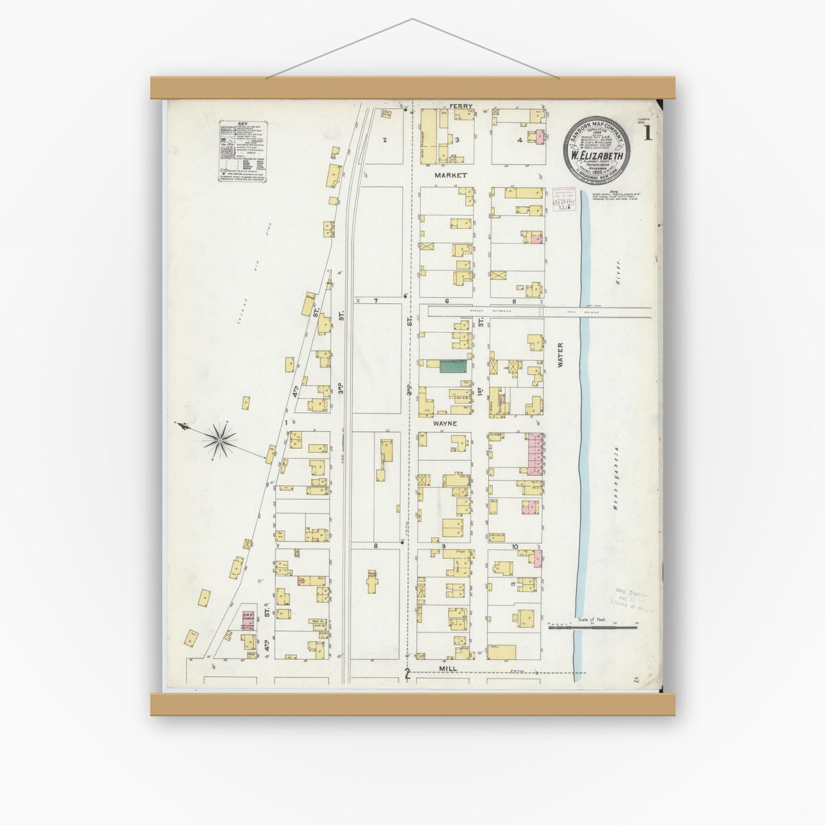 Old map wall art mockup — magnetic wood frame on white wall — Sanborn Fire Insurance Map from West Elizabeth, Allegheny County, Pennsylvania (1905) - Complete Map Set