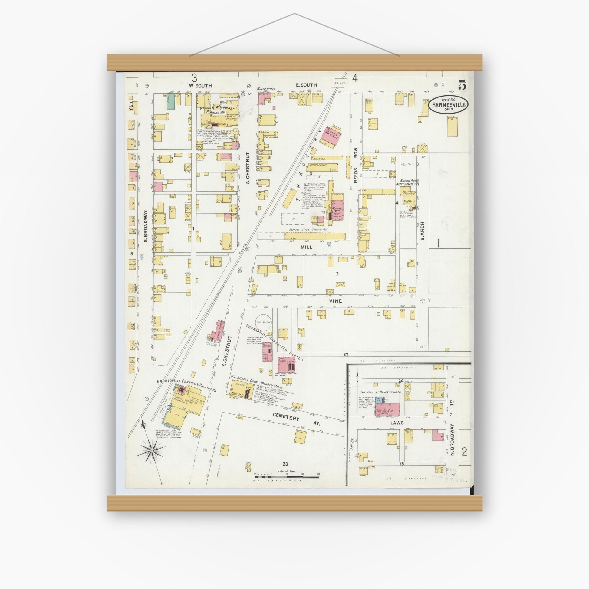 Old map wall art mockup — magnetic wood frame on white wall — Sanborn Fire Insurance Map from Barnesville, Belmont County, Ohio (1899), Sheet #0005