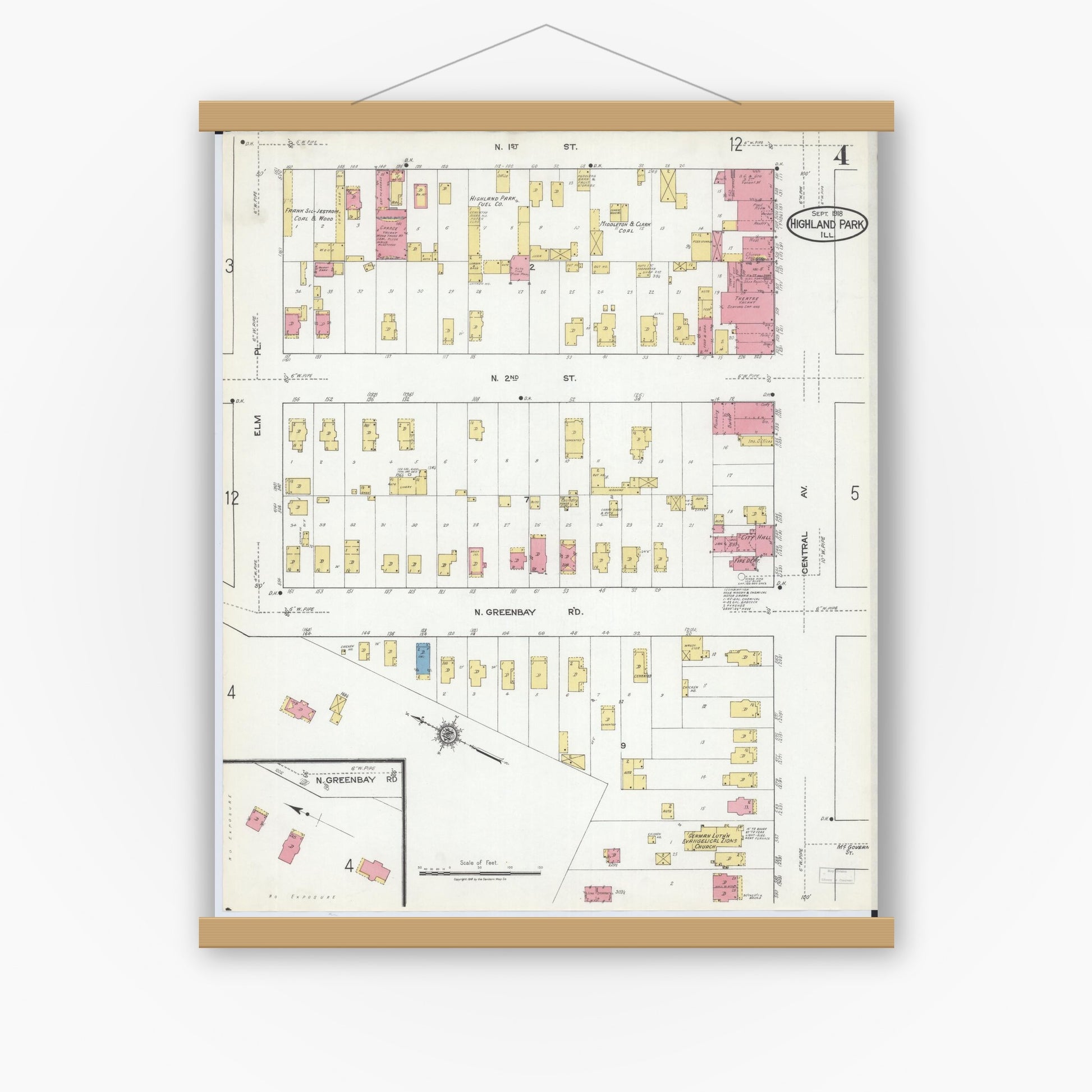 Old map wall art mockup — magnetic wood frame on white wall — Sanborn Fire Insurance Map from Highland Park, Lake County, Illinois (1918), Sheet #0004
