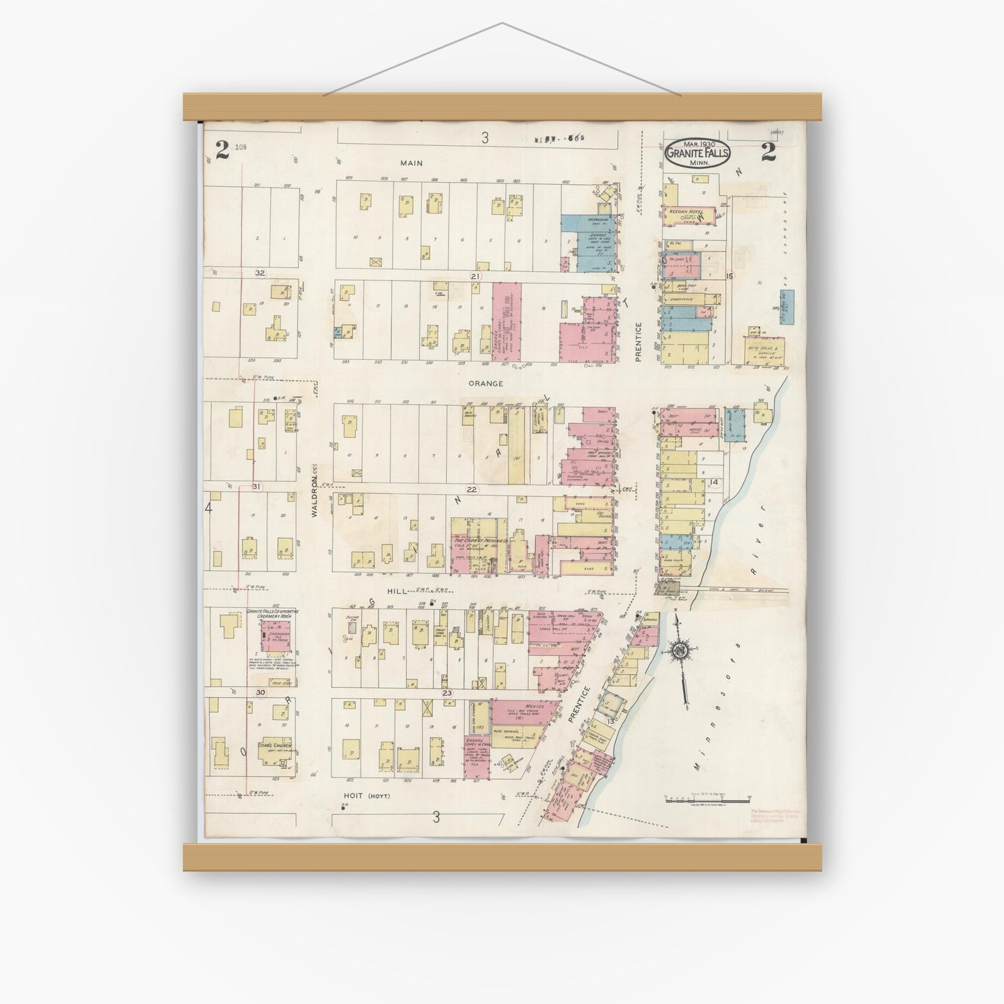 Old map wall art mockup — magnetic wood frame on white wall — Sanborn Fire Insurance Map from Granite Falls, Yellow Medicine And Chippewa Counties, Minnesota (1941), Sheet #0002