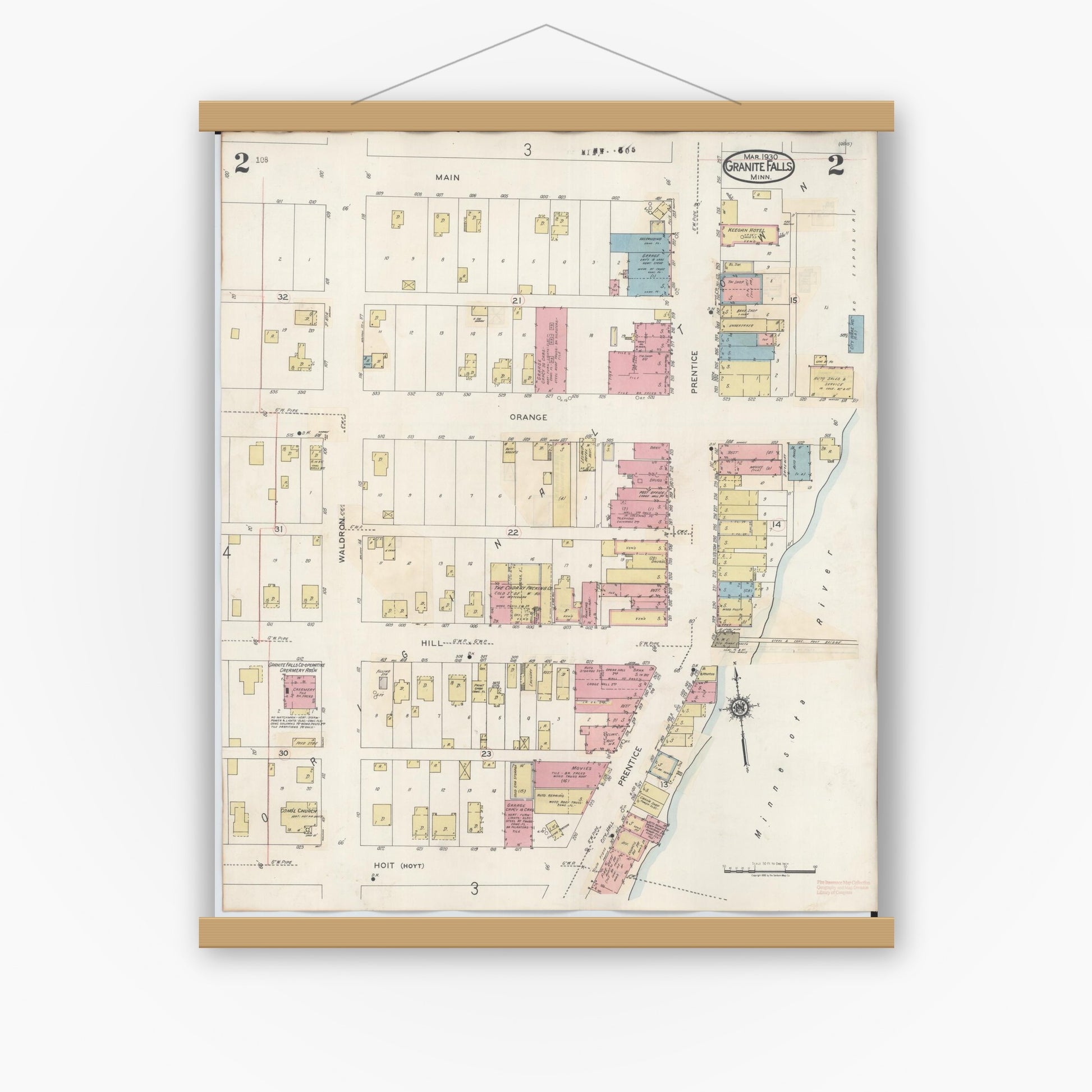 Old map wall art mockup — magnetic wood frame on white wall — Sanborn Fire Insurance Map from Granite Falls, Yellow Medicine And Chippewa Counties, Minnesota (1941), Sheet #0002
