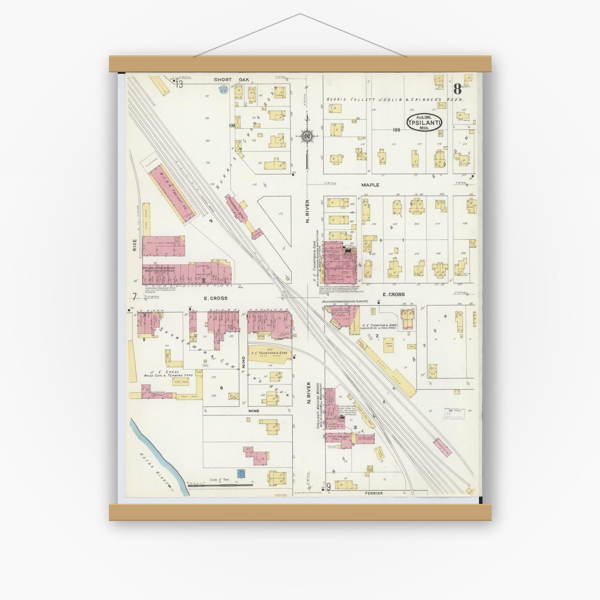 Old map wall art mockup — magnetic wood frame on white wall — Sanborn Fire Insurance Map from Ypsilanti, Washtenaw County, Michigan (1916), Sheet #0008