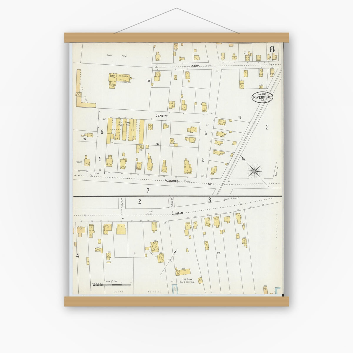 Old map wall art mockup — magnetic wood frame on white wall — Sanborn Fire Insurance Map from Riverhead, Suffolk County, New York (1902), Sheet #0008