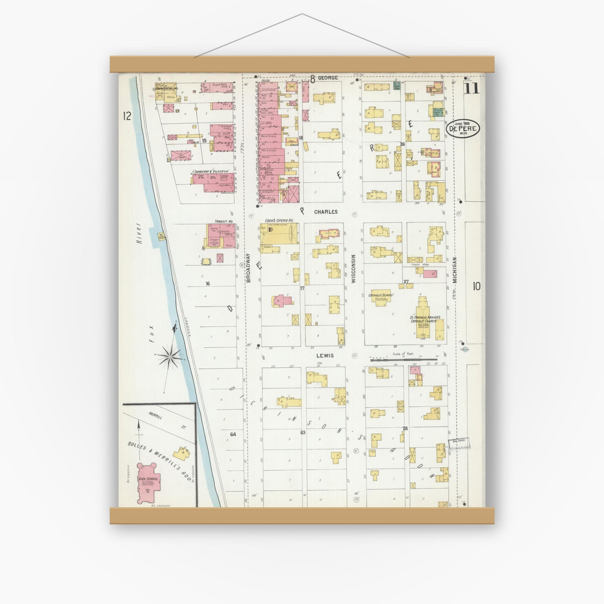 Old map wall art mockup — magnetic wood frame on white wall — Sanborn Fire Insurance Map from De Pere, Brown County, Wisconsin (1900), Sheet #0011