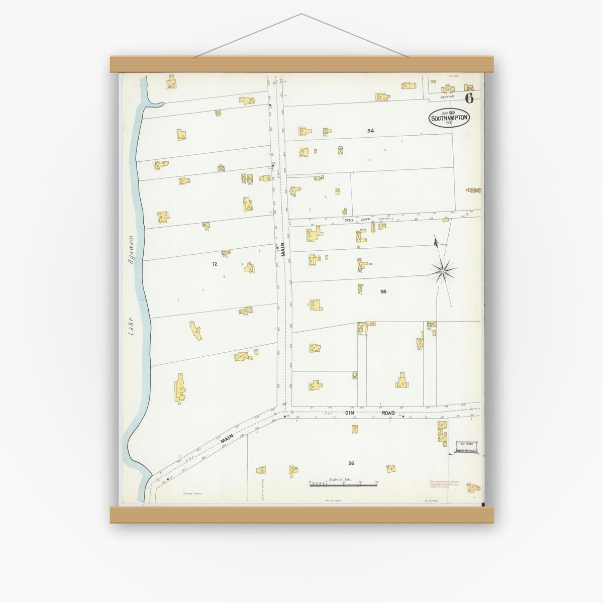 Old map wall art mockup — magnetic wood frame on white wall — Sanborn Fire Insurance Map from Southampton, Suffolk County, New York (1902), Sheet #0006