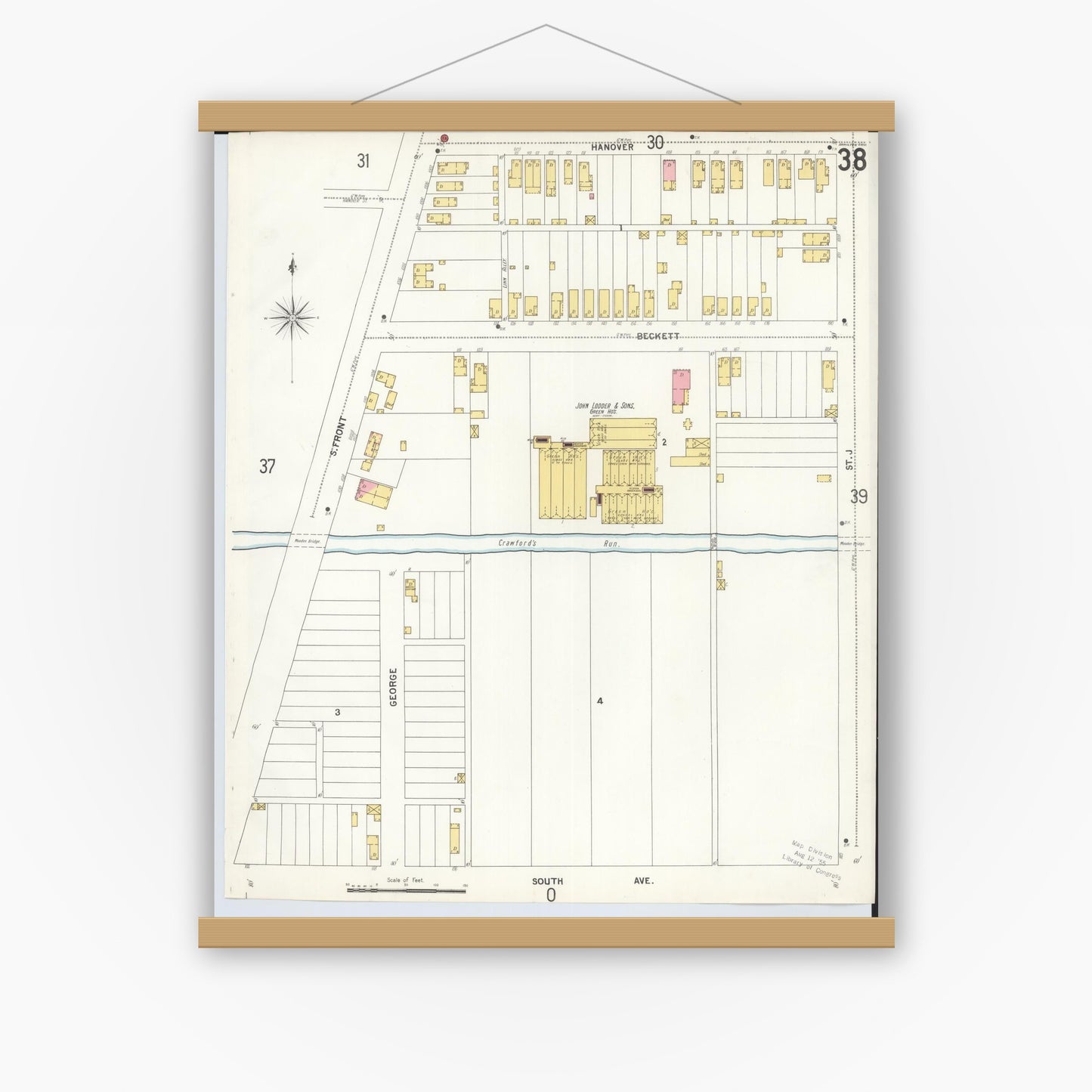 Old map wall art mockup — magnetic wood frame on white wall — Sanborn Fire Insurance Map from Hamilton, Butler County, Ohio (1899), Sheet #0038
