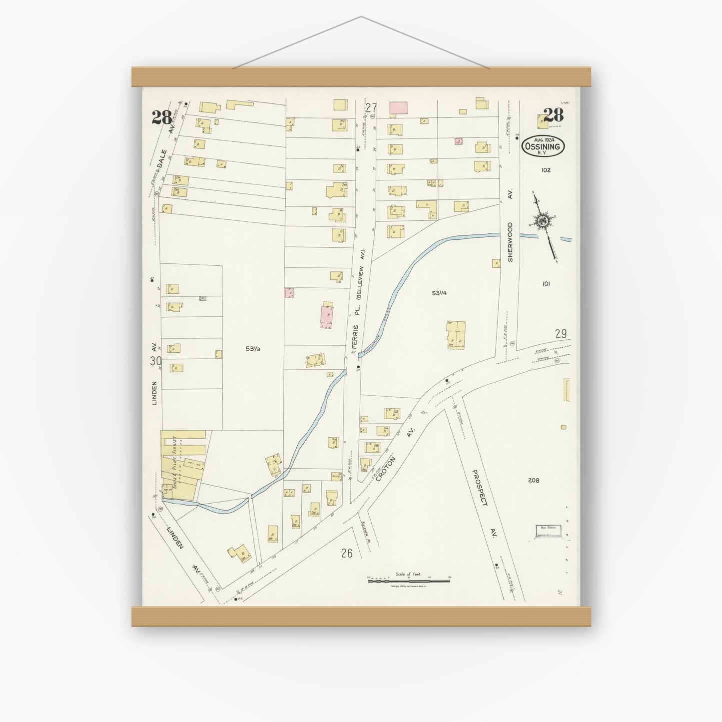 Old map wall art mockup — magnetic wood frame on white wall — Sanborn Fire Insurance Map from Ossining, Westchester County, New York (1924), Sheet #0028