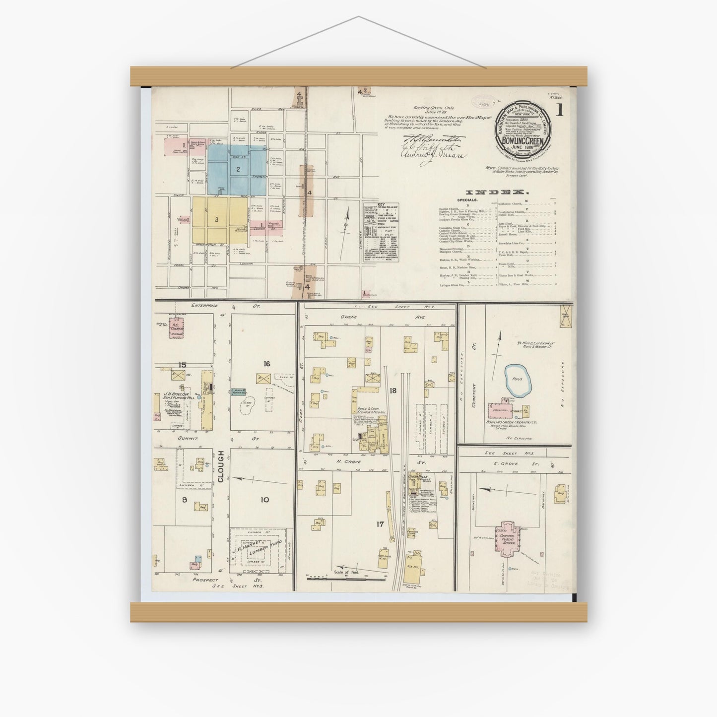 Old map wall art mockup — magnetic wood frame on white wall — Sanborn Fire Insurance Map from Bowling Green, Wood County, Ohio (1888) - Complete Map Set