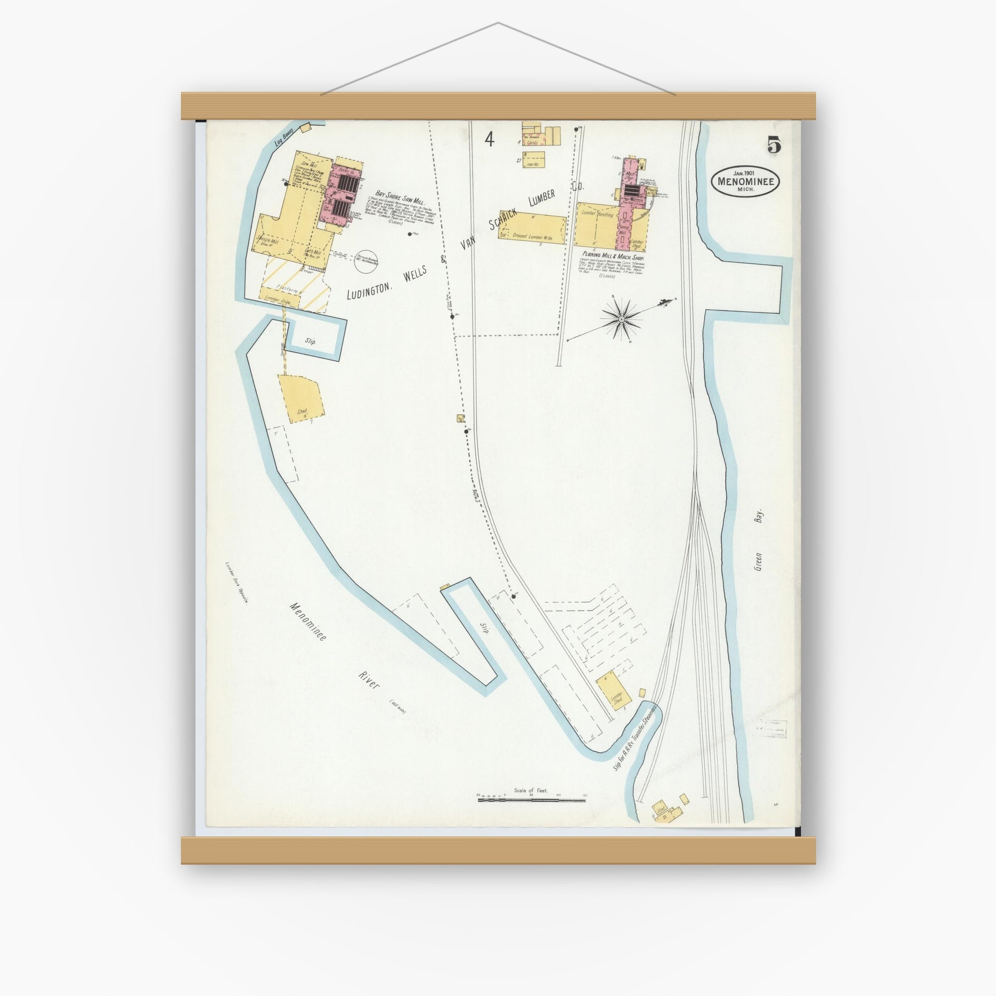 Old map wall art mockup — magnetic wood frame on white wall — Sanborn Fire Insurance Map from Menominee, Menominee County, Michigan (1901), Sheet #0005