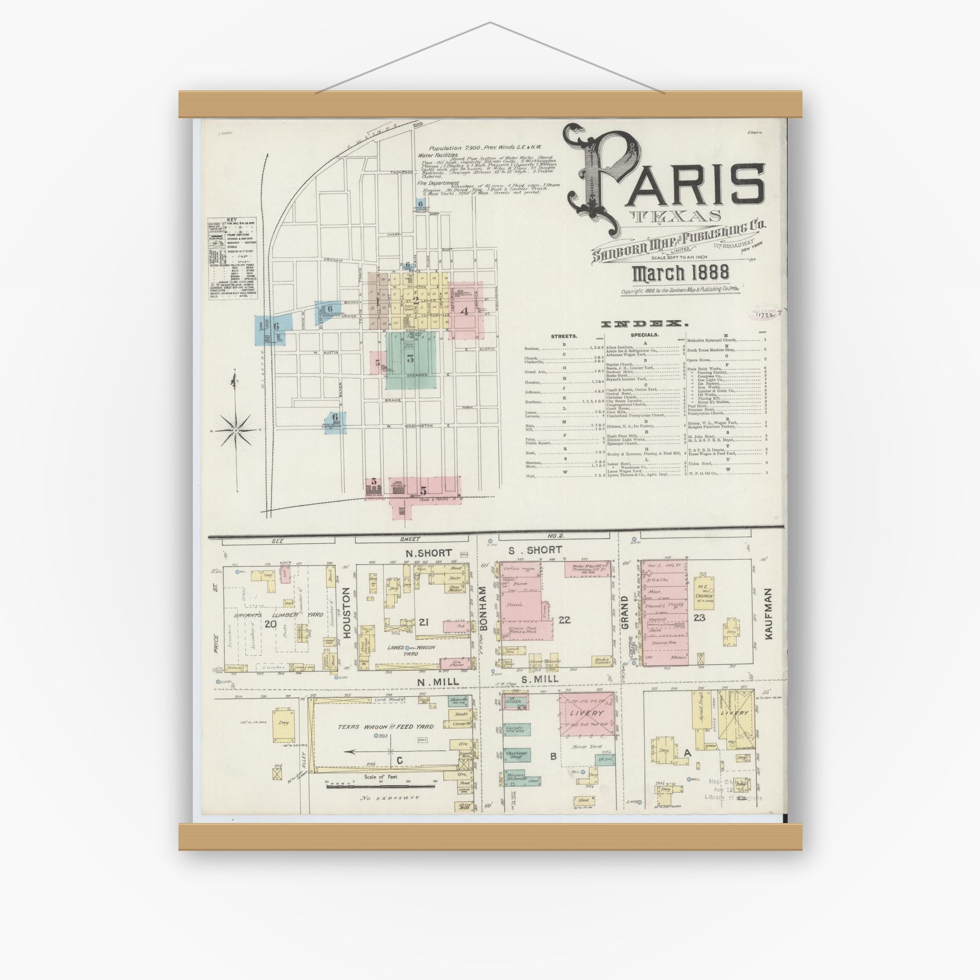 Old map wall art mockup — magnetic wood frame on white wall — Sanborn Fire Insurance Map from Paris, Lamar County, Texas (1888), Sheet #0001