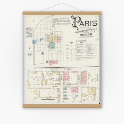 Old map wall art mockup — magnetic wood frame on white wall — Sanborn Fire Insurance Map from Paris, Lamar County, Texas (1888), Sheet #0001