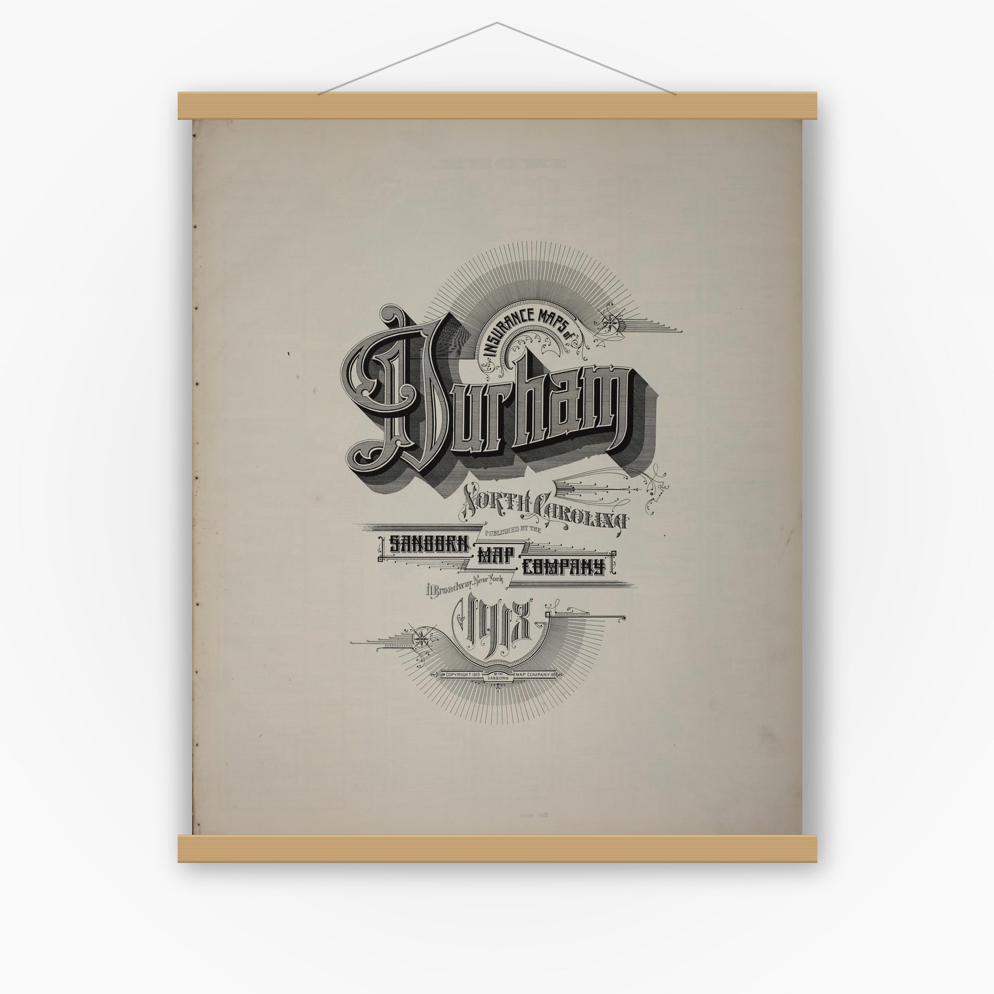 Old map wall art mockup — magnetic wood frame on white wall — Sanborn Fire Insurance Map from Durham, Durham County, North Carolina (1913), Sheet #0001