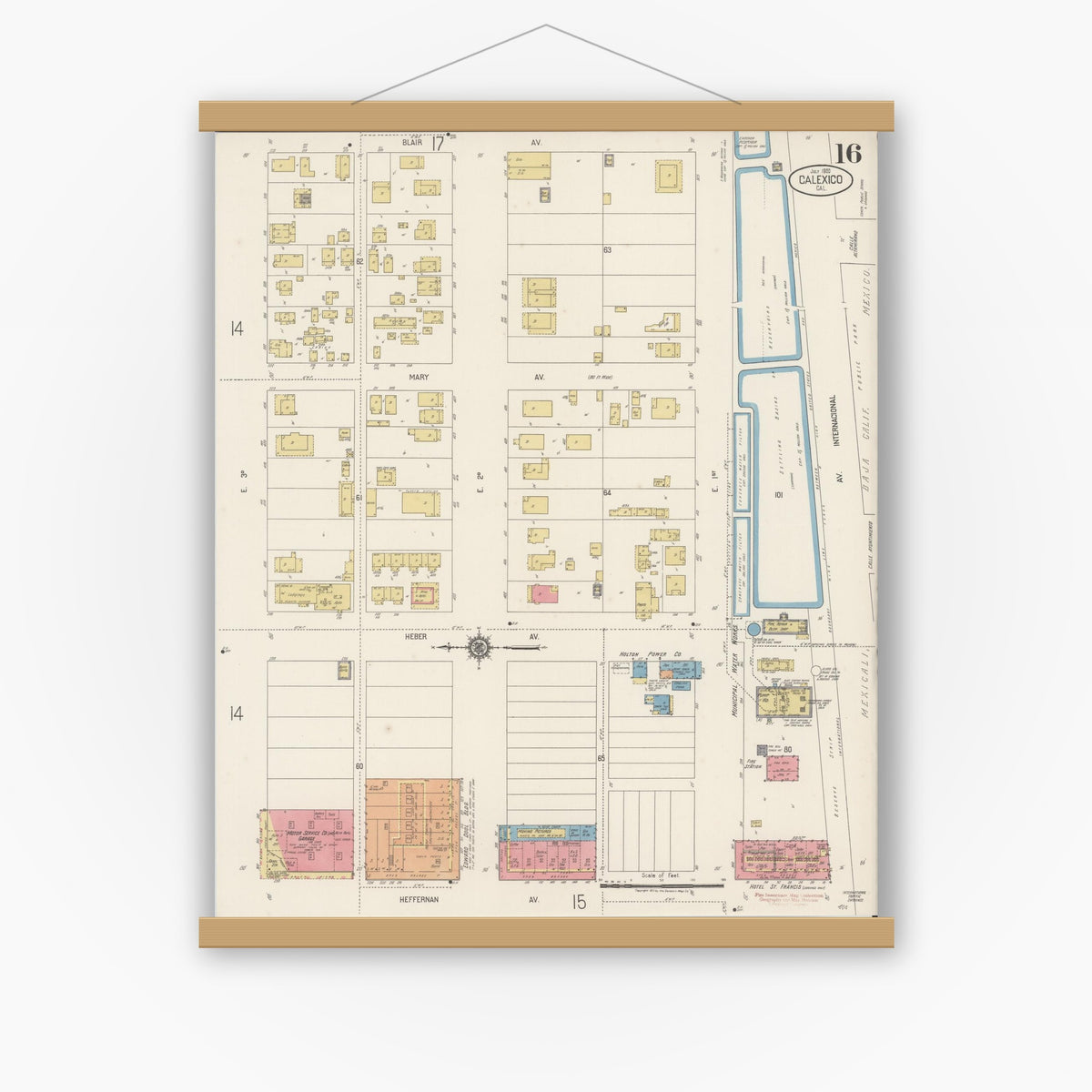Old map wall art mockup — magnetic wood frame on white wall — Sanborn Fire Insurance Map from Calexico, Imperial County, California (1920), Sheet #0016