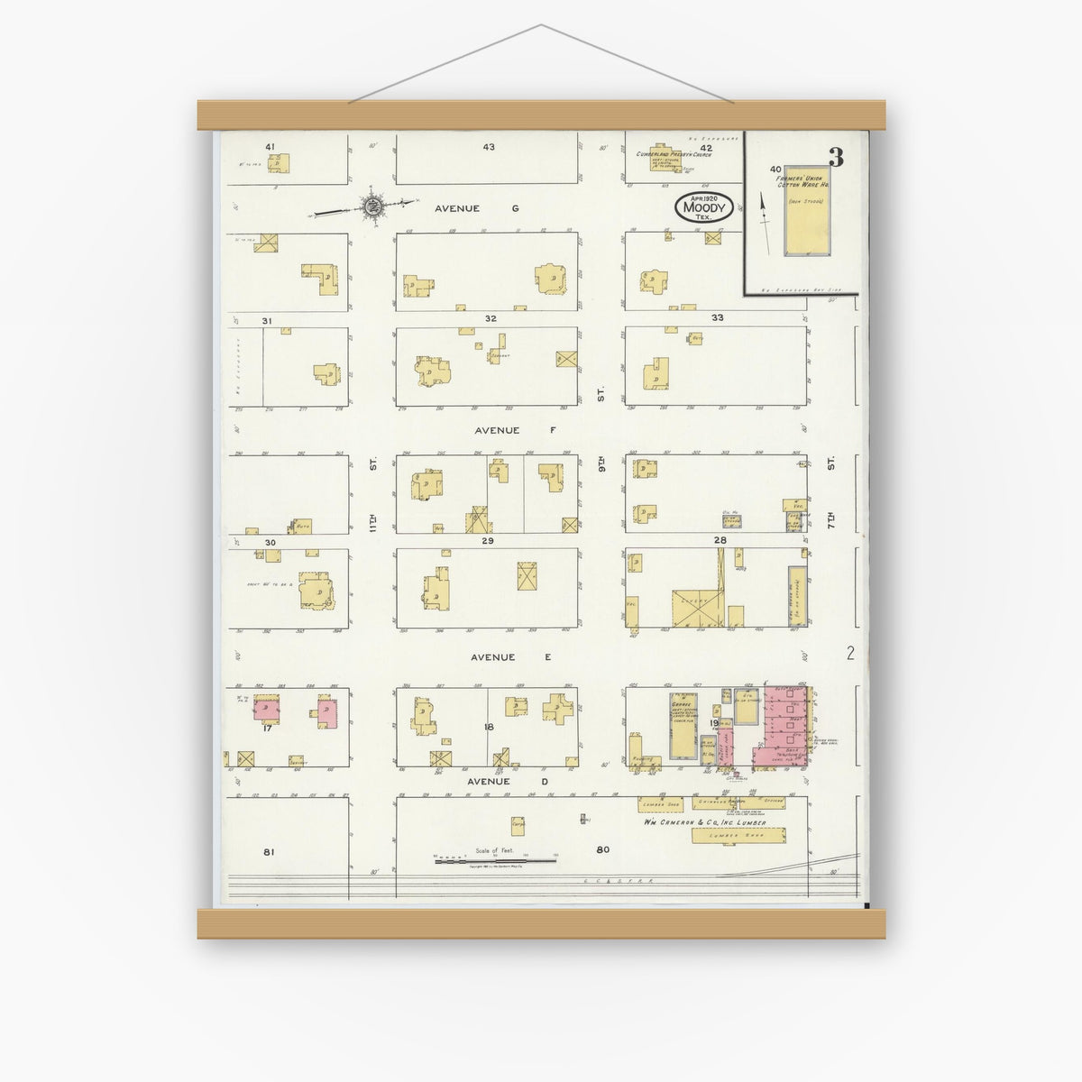 Old map wall art mockup — magnetic wood frame on white wall — Sanborn Fire Insurance Map from Moody, McLennan County, Texas (1920), Sheet #0003