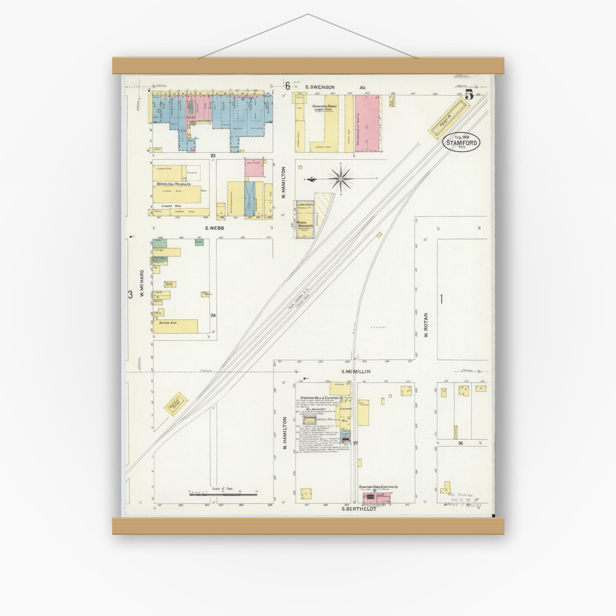 Old map wall art mockup — magnetic wood frame on white wall — Sanborn Fire Insurance Map from Stamford, Jones County, Texas (1908), Sheet #0005
