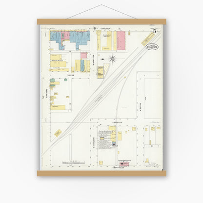 Old map wall art mockup — magnetic wood frame on white wall — Sanborn Fire Insurance Map from Stamford, Jones County, Texas (1908), Sheet #0005