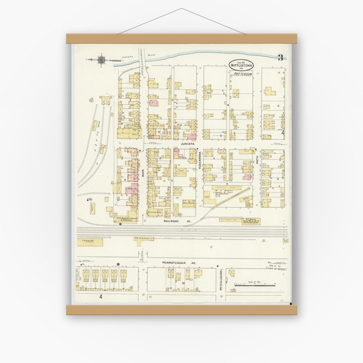 Old map wall art mockup — magnetic wood frame on white wall — Sanborn Fire Insurance Map from Mifflintown, Juniata County, Pennsylvania (1911), Sheet #0003