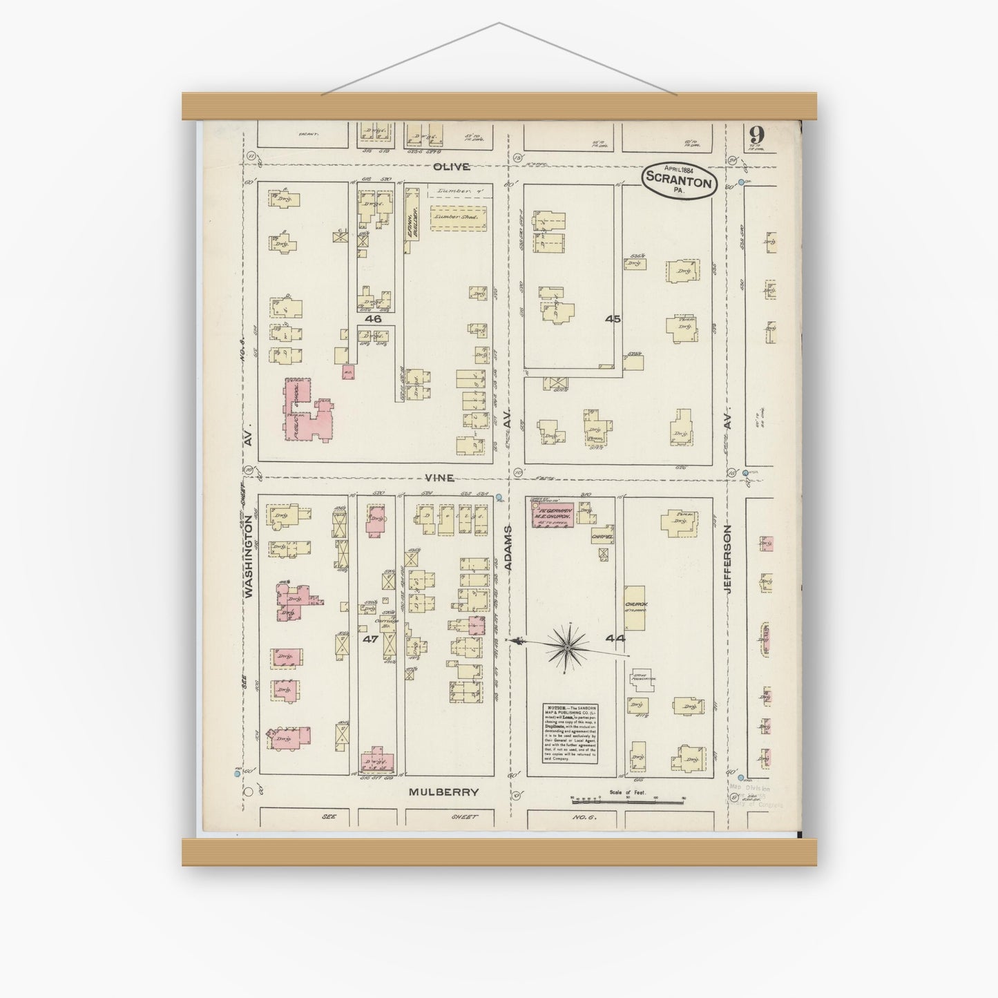 Old map wall art mockup — magnetic wood frame on white wall — Sanborn Fire Insurance Map from Scranton, Lackawanna County, Pennsylvania (1884), Sheet #0009