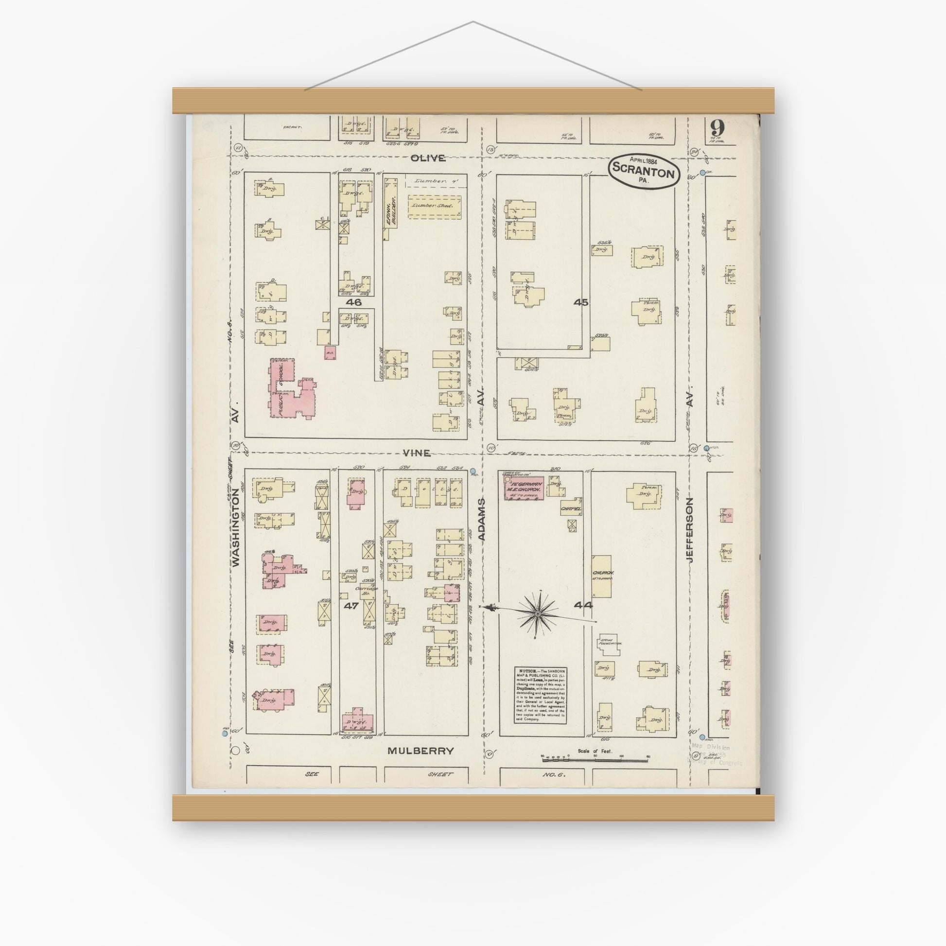 Old map wall art mockup — magnetic wood frame on white wall — Sanborn Fire Insurance Map from Scranton, Lackawanna County, Pennsylvania (1884), Sheet #0009