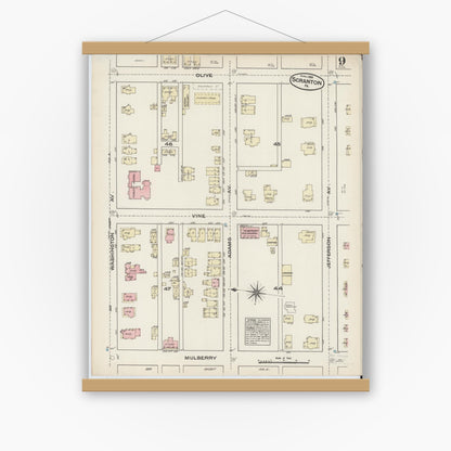 Old map wall art mockup — magnetic wood frame on white wall — Sanborn Fire Insurance Map from Scranton, Lackawanna County, Pennsylvania (1884), Sheet #0009