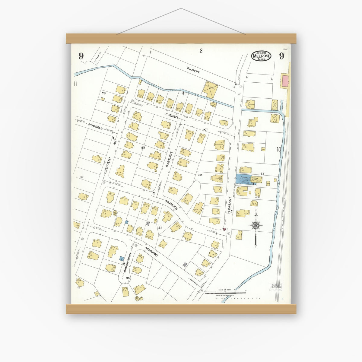 Old map wall art mockup — magnetic wood frame on white wall — Sanborn Fire Insurance Map from Melrose, Middlesex County, Massachusetts (1923), Sheet #0009