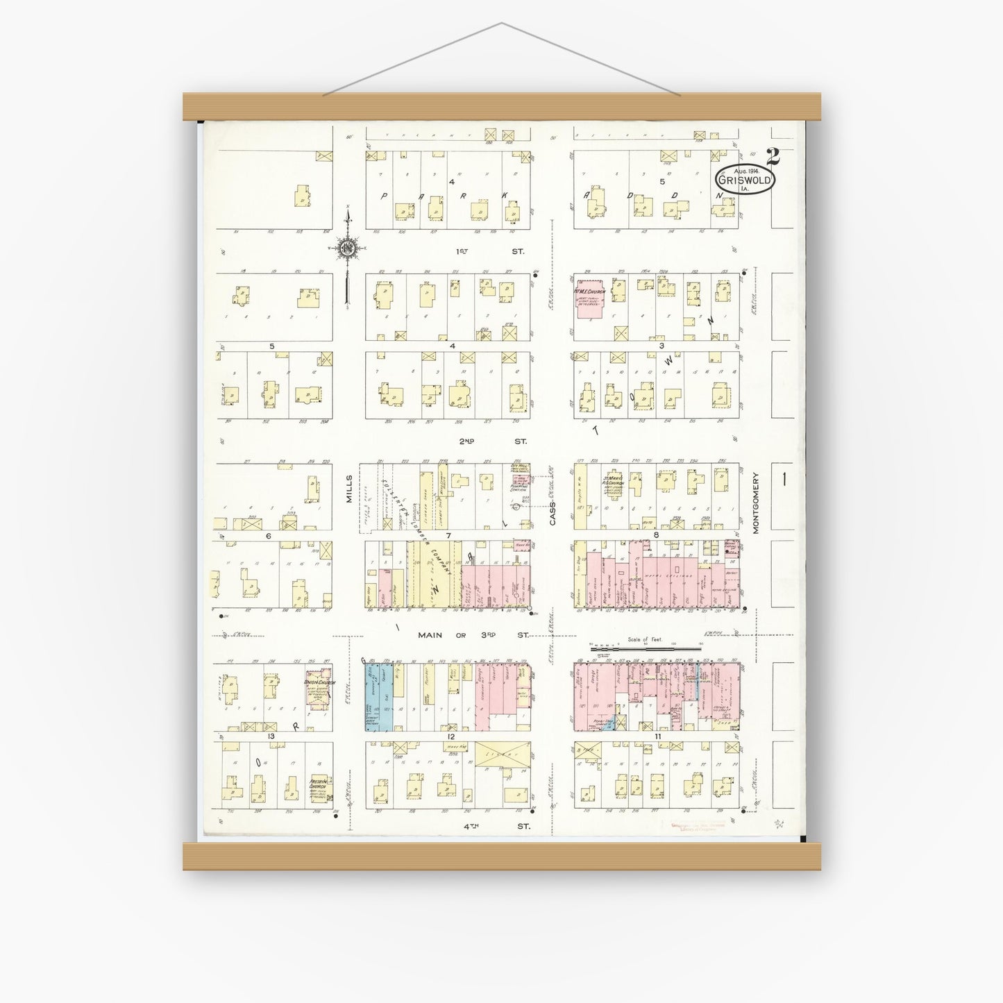 Old map wall art mockup — magnetic wood frame on white wall — Sanborn Fire Insurance Map from Griswold, Cass County, Iowa (1914), Sheet #0002