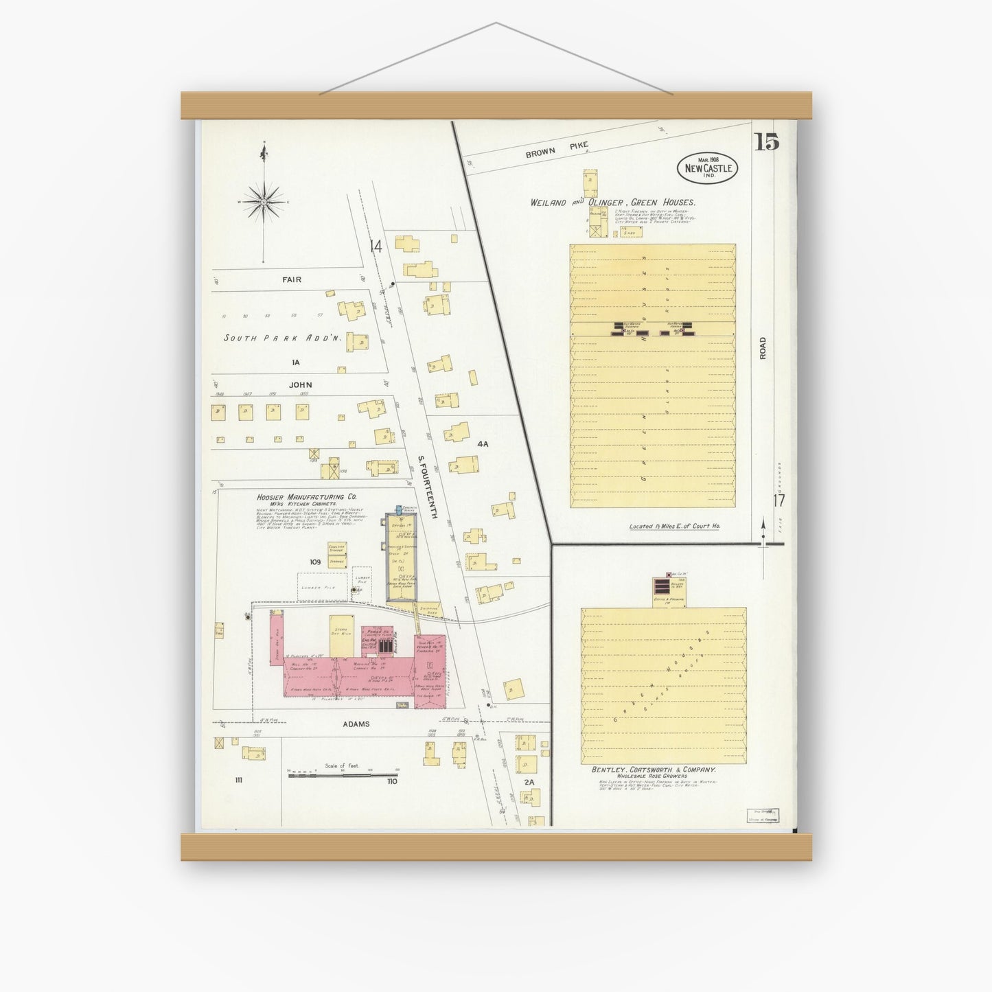 Old map wall art mockup — magnetic wood frame on white wall — Sanborn Fire Insurance Map from New Castle, Henry County, Indiana (1908), Sheet #0015