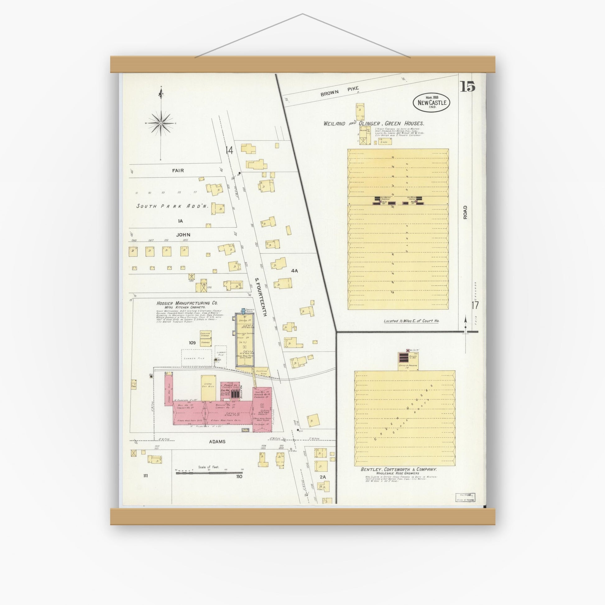 Old map wall art mockup — magnetic wood frame on white wall — Sanborn Fire Insurance Map from New Castle, Henry County, Indiana (1908), Sheet #0015