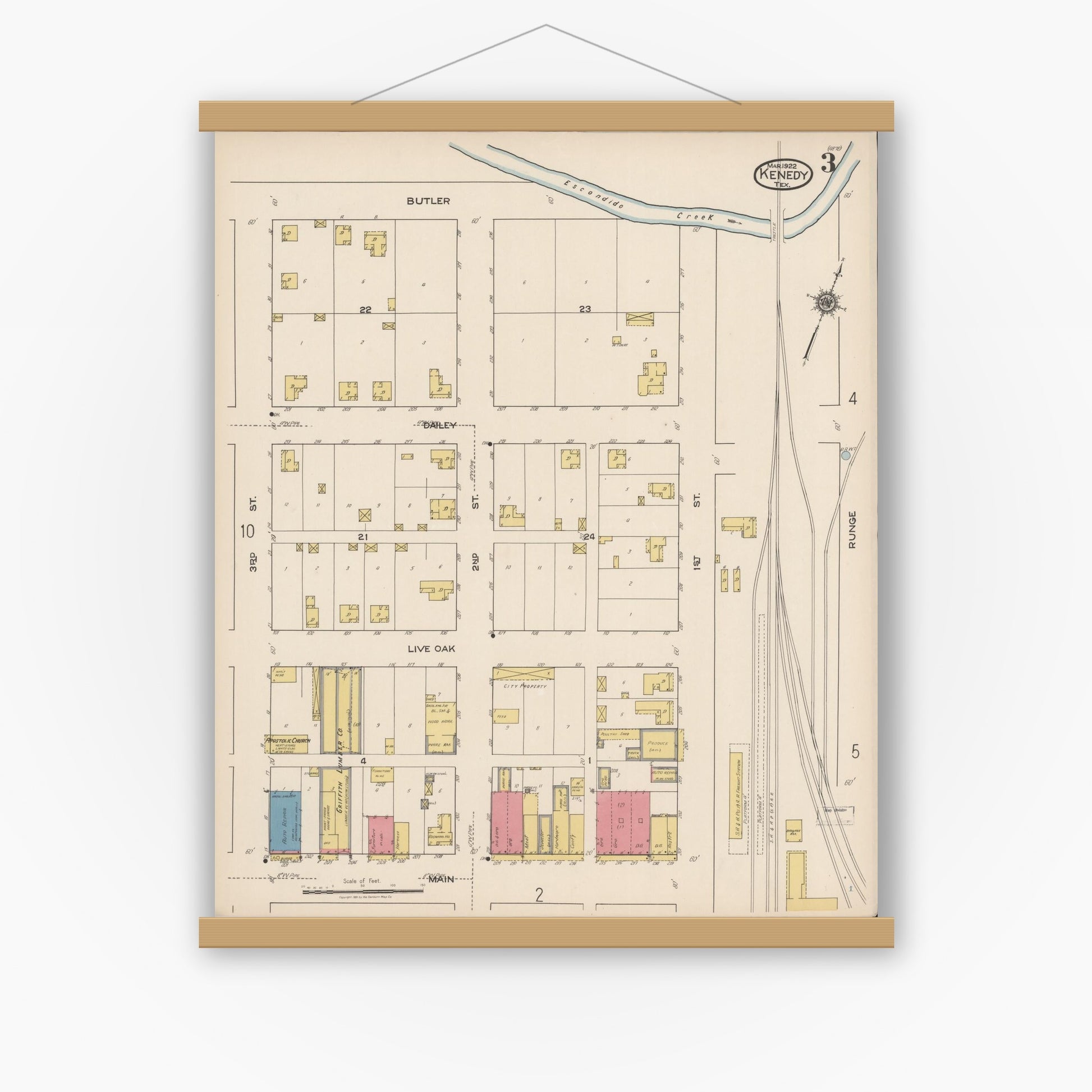 Old map wall art mockup — magnetic wood frame on white wall — Sanborn Fire Insurance Map from Kenedy, Karnes County, Texas (1922), Sheet #0003