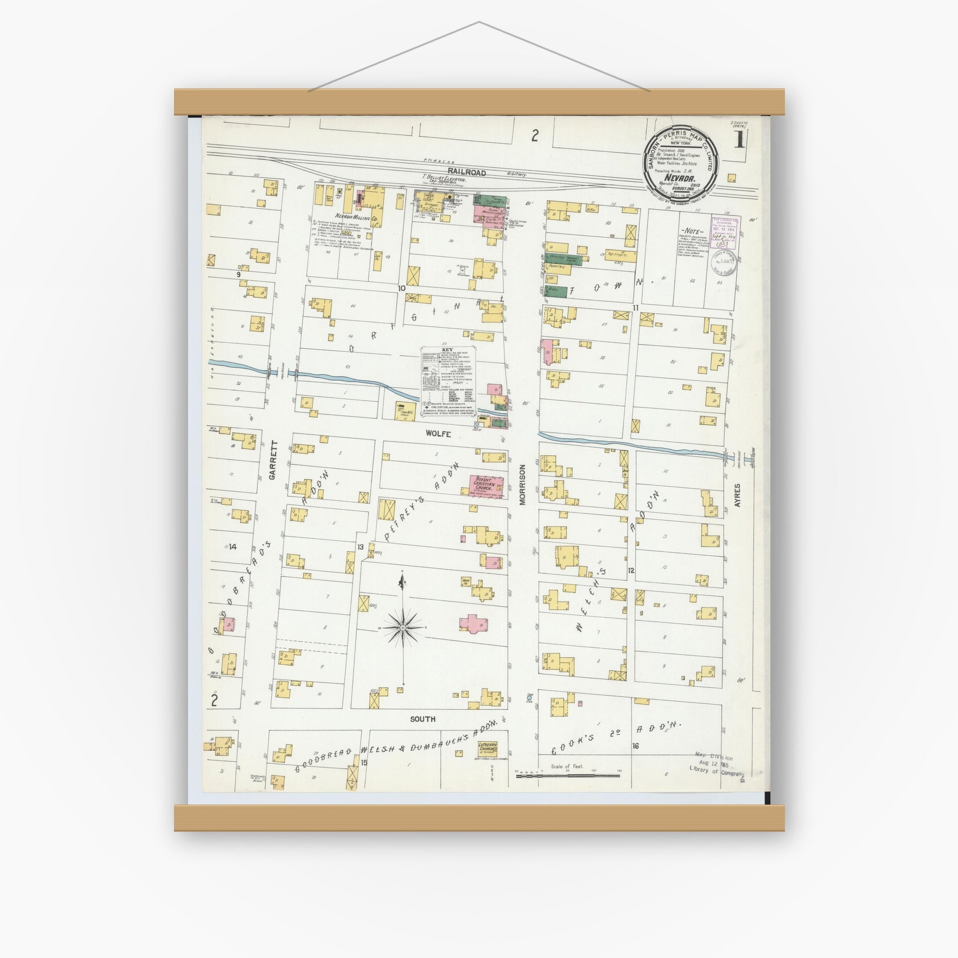 Old map wall art mockup — magnetic wood frame on white wall — Sanborn Fire Insurance Map from Nevada, Wyandot County, Ohio (1901), Sheet #0001