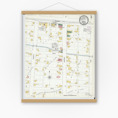 Old map wall art mockup — magnetic wood frame on white wall — Sanborn Fire Insurance Map from Nevada, Wyandot County, Ohio (1901), Sheet #0001