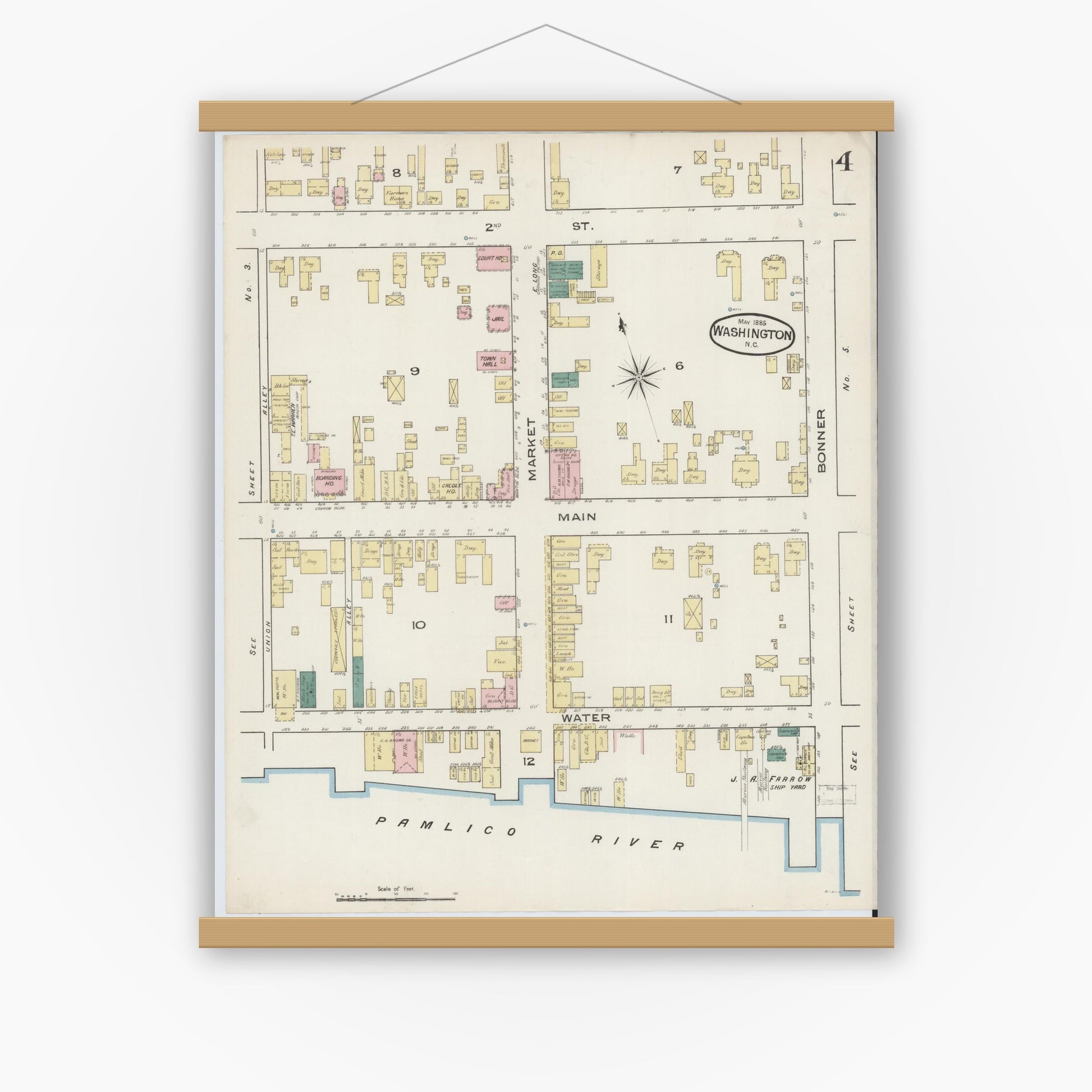 Old map wall art mockup — magnetic wood frame on white wall — Sanborn Fire Insurance Map from Washington, Beaufort County, North Carolina (1885), Sheet #0004