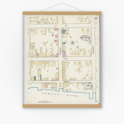 Old map wall art mockup — magnetic wood frame on white wall — Sanborn Fire Insurance Map from Washington, Beaufort County, North Carolina (1885), Sheet #0004