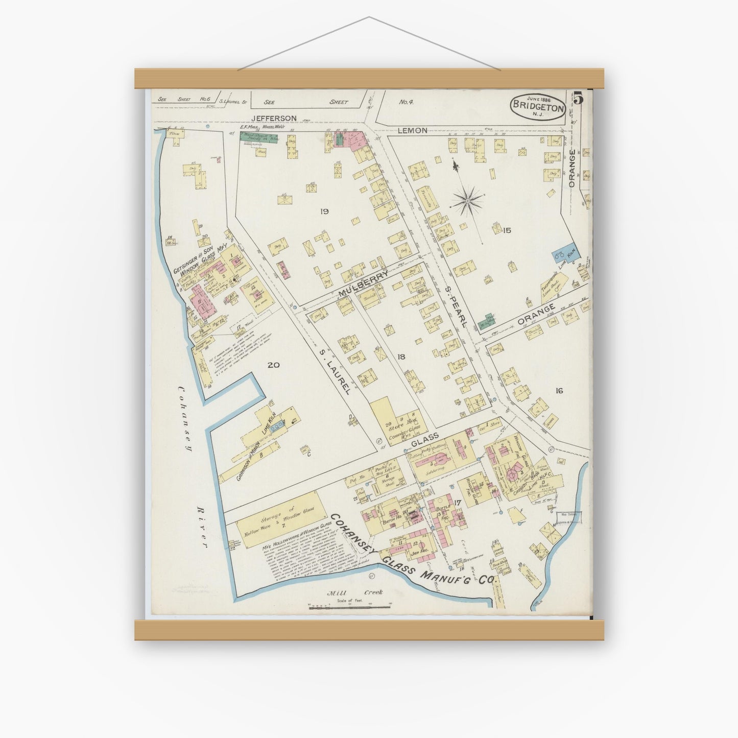 Old map wall art mockup — magnetic wood frame on white wall — Sanborn Fire Insurance Map from Bridgeton, Cumberland County, New Jersey (1886), Sheet #0005