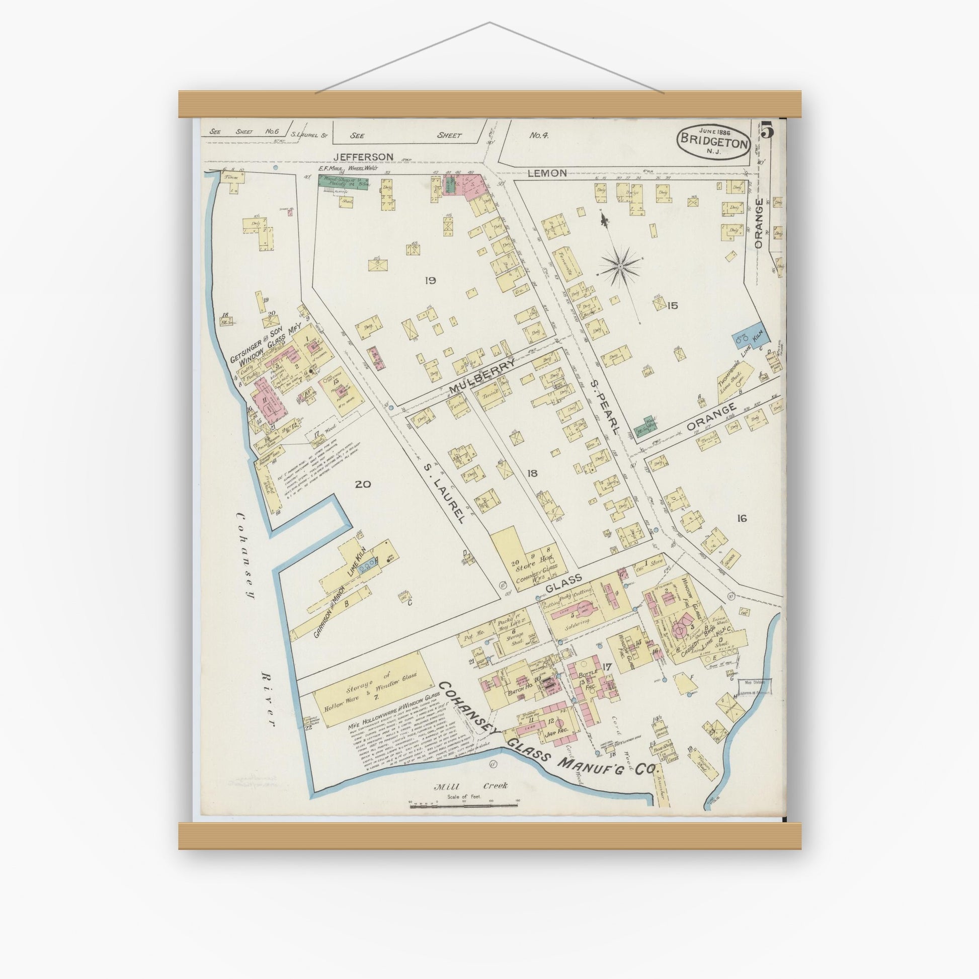 Old map wall art mockup — magnetic wood frame on white wall — Sanborn Fire Insurance Map from Bridgeton, Cumberland County, New Jersey (1886), Sheet #0005