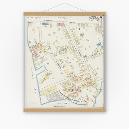 Old map wall art mockup — magnetic wood frame on white wall — Sanborn Fire Insurance Map from Bridgeton, Cumberland County, New Jersey (1886), Sheet #0005