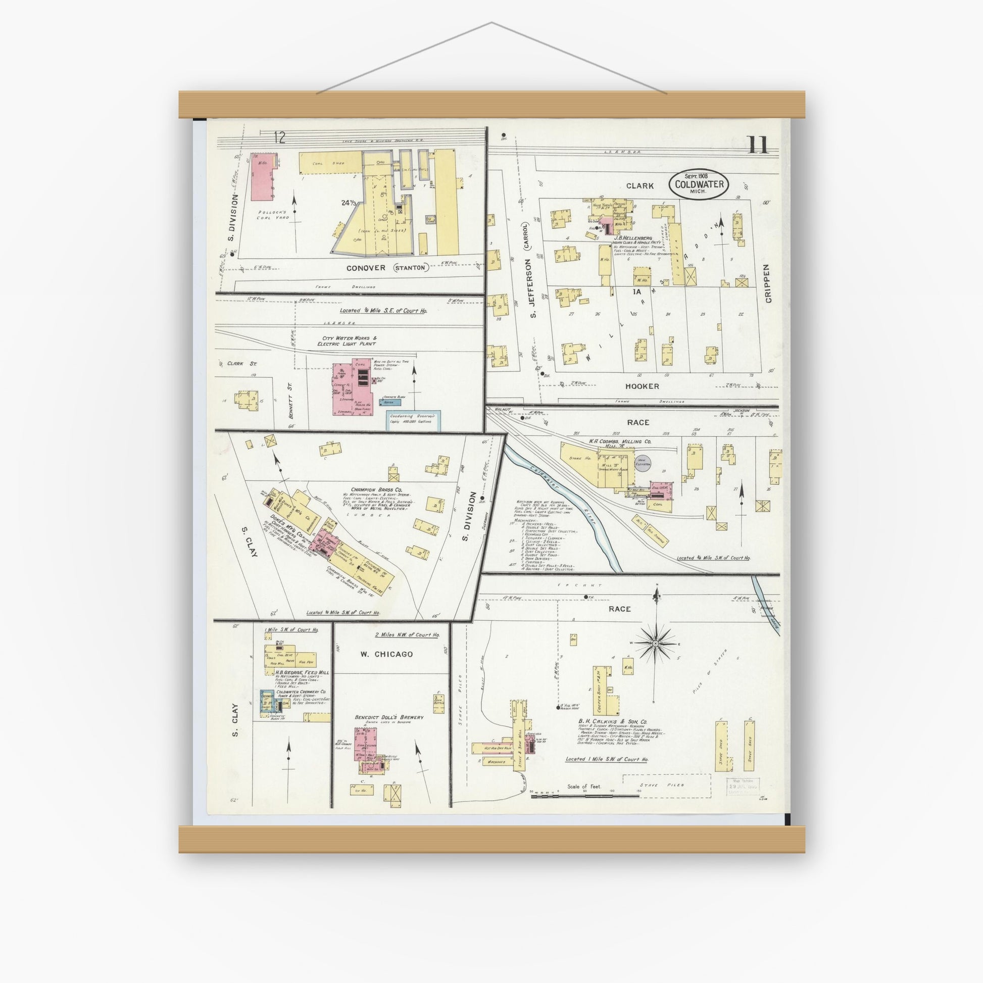 Old map wall art mockup — magnetic wood frame on white wall — Sanborn Fire Insurance Map from Coldwater, Branch County, Michigan (1908), Sheet #0011