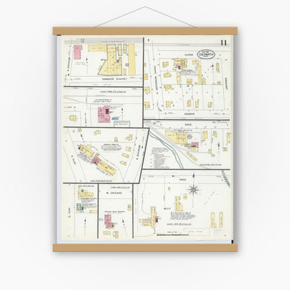 Old map wall art mockup — magnetic wood frame on white wall — Sanborn Fire Insurance Map from Coldwater, Branch County, Michigan (1908), Sheet #0011