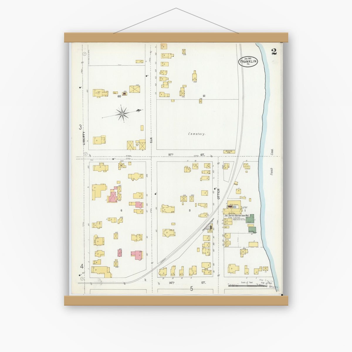 Old map wall art mockup — magnetic wood frame on white wall — Sanborn Fire Insurance Map from Franklin, Venango County, Pennsylvania (1901), Sheet #0002