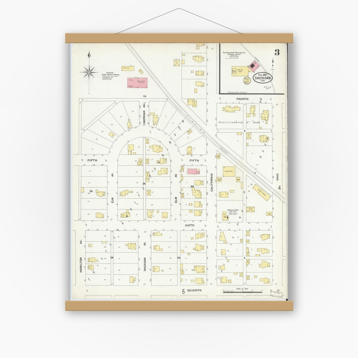 Old map wall art mockup — magnetic wood frame on white wall — Sanborn Fire Insurance Map from Sheridan, Hamilton County, Indiana (1909), Sheet #0003