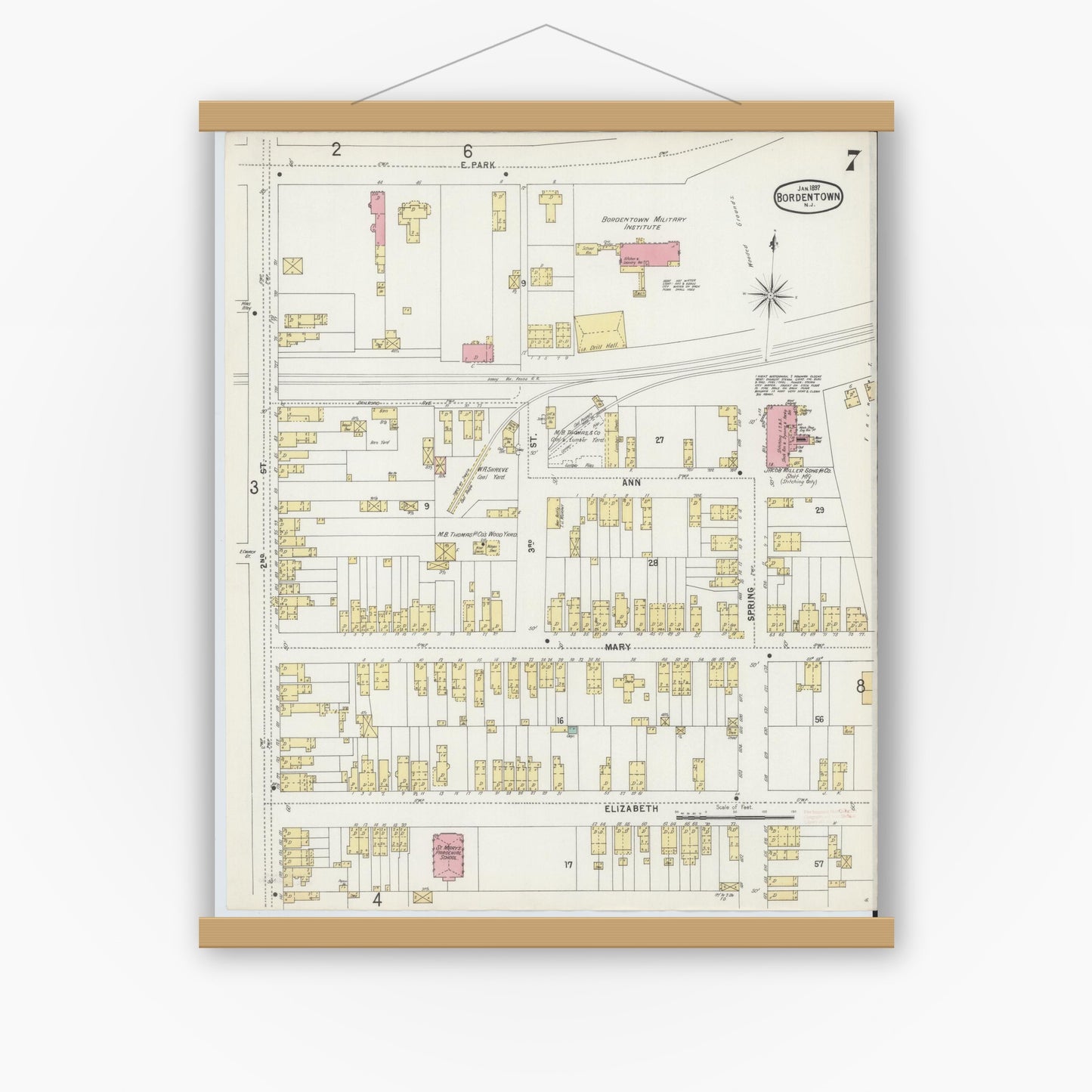Old map wall art mockup — magnetic wood frame on white wall — Sanborn Fire Insurance Map from Bordentown, Burlington County, New Jersey (1897), Sheet #0007