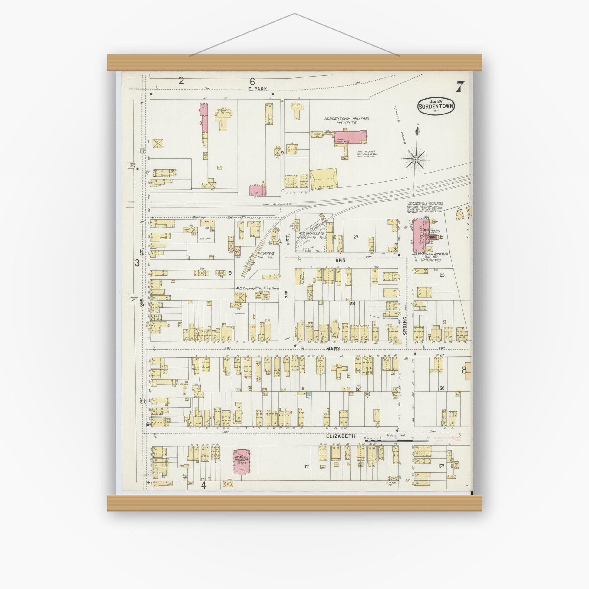 Old map wall art mockup — magnetic wood frame on white wall — Sanborn Fire Insurance Map from Bordentown, Burlington County, New Jersey (1897), Sheet #0007
