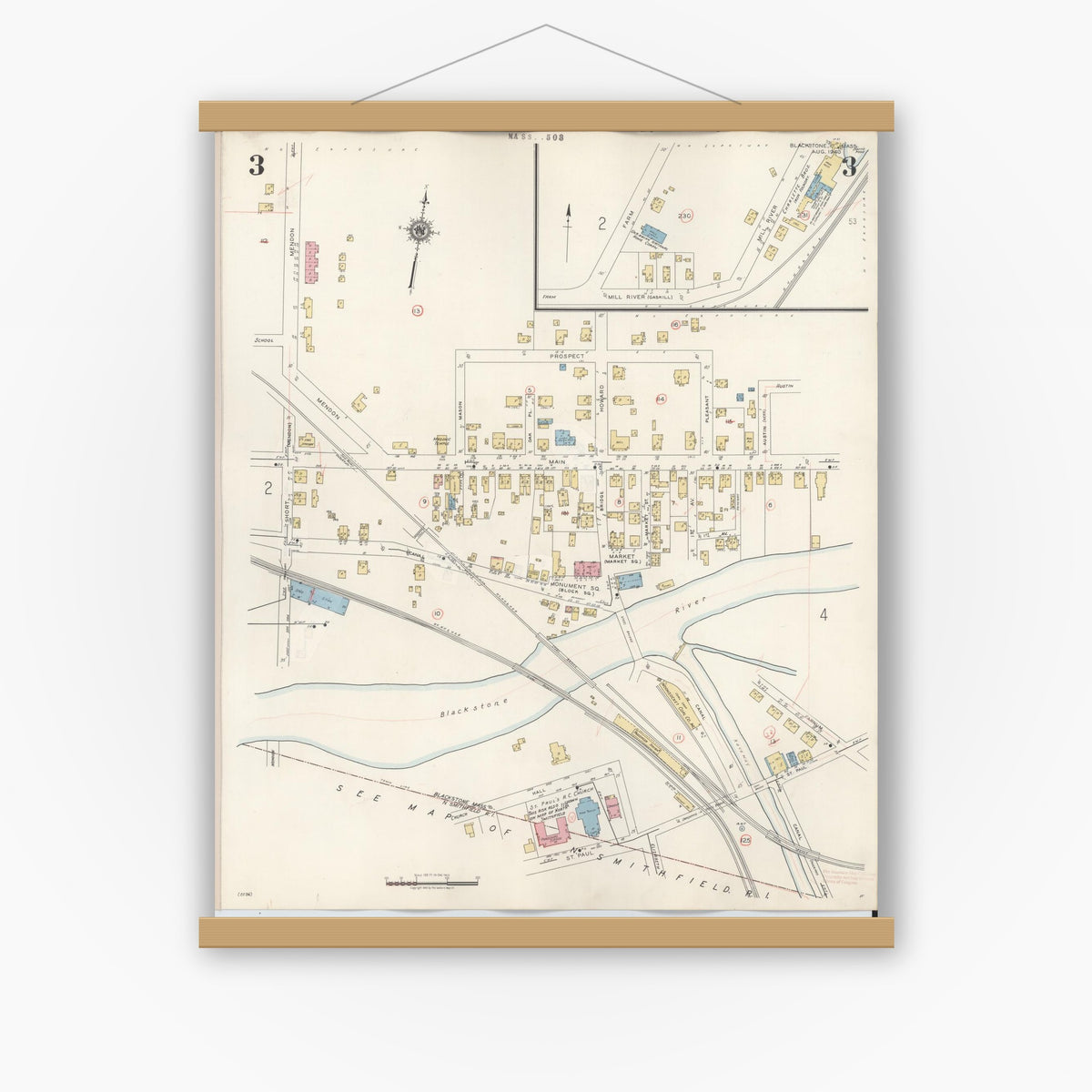 Old map wall art mockup — magnetic wood frame on white wall — Sanborn Fire Insurance Map from Blackstone, Worcester County, Massachusetts (1948), Sheet #0003