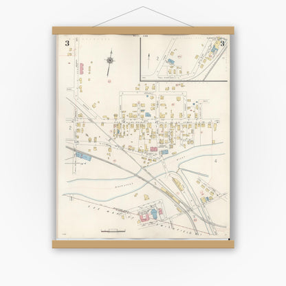 Old map wall art mockup — magnetic wood frame on white wall — Sanborn Fire Insurance Map from Blackstone, Worcester County, Massachusetts (1948), Sheet #0003