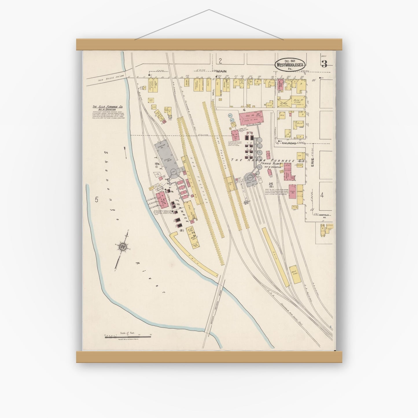 Old map wall art mockup — magnetic wood frame on white wall — Sanborn Fire Insurance Map from West Middlesex, Mercer County, Pennsylvania (1921), Sheet #0003