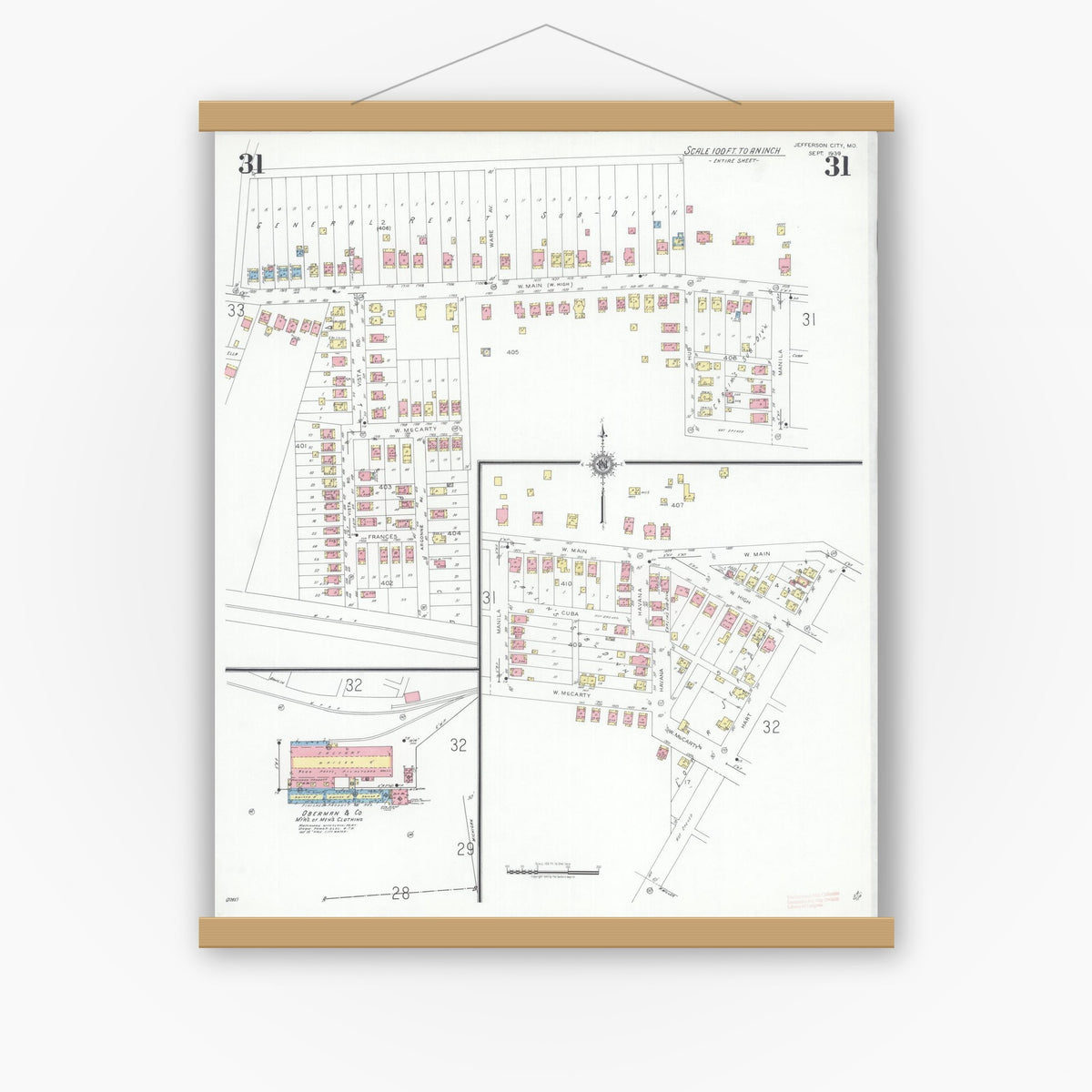 Old map wall art mockup — magnetic wood frame on white wall — Sanborn Fire Insurance Map from Jefferson City, Cole County, Missouri (1939), Sheet #0031